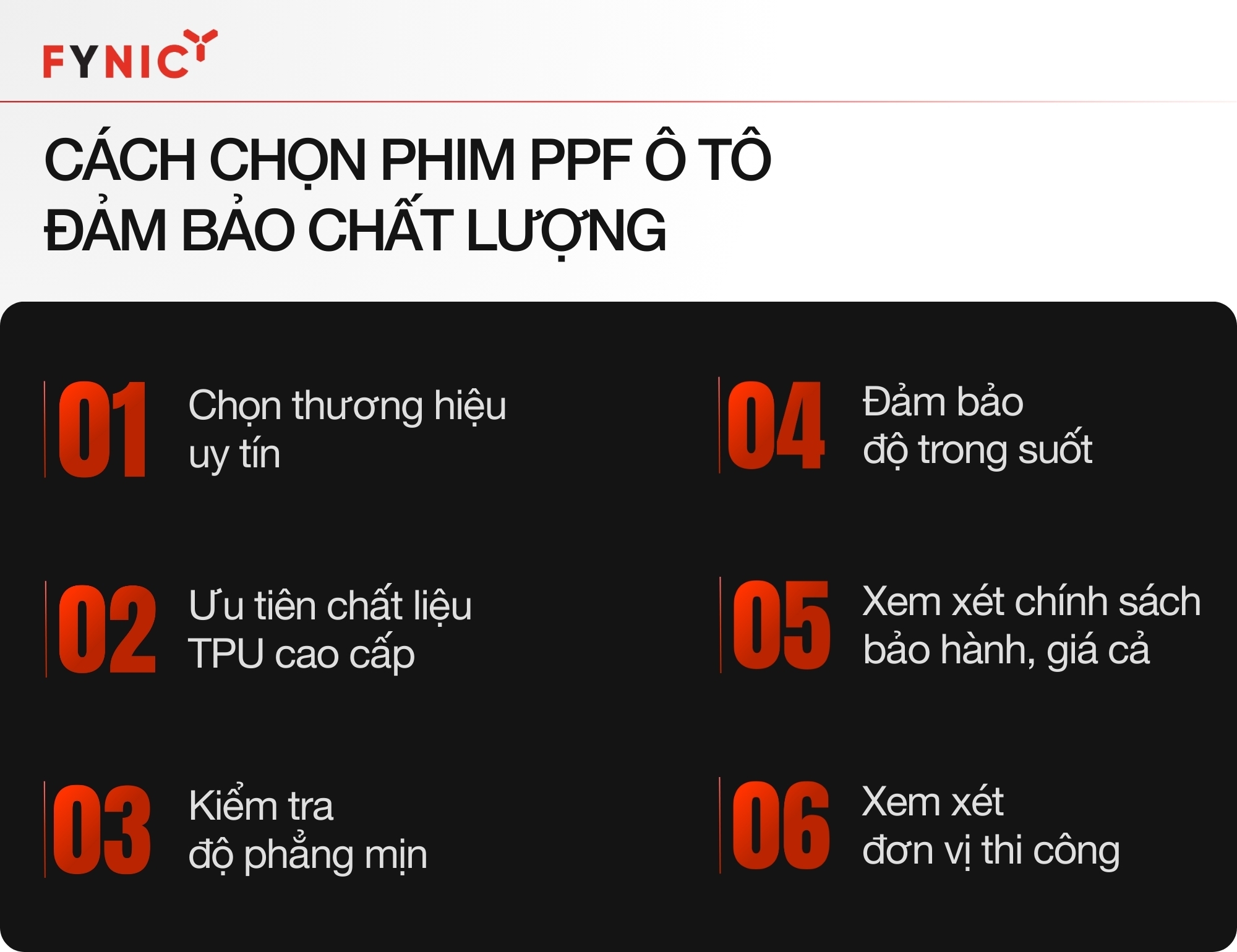 Tìm hiểu về lợi ích khi dán PPF cho ô tô và cách chọn phim đảm bảo chất lượng 6 Cách chọn phim PPF ô tô đảm bảo chất lượng infographic